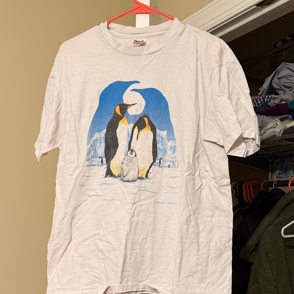 Graphic Penguin Family Tee - White with Blue & Yellow Design